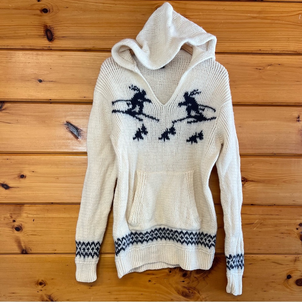 RARE VTG Polo by Ralph Lauren Knit Wool Hooded Cream Sweater Black Pattern L